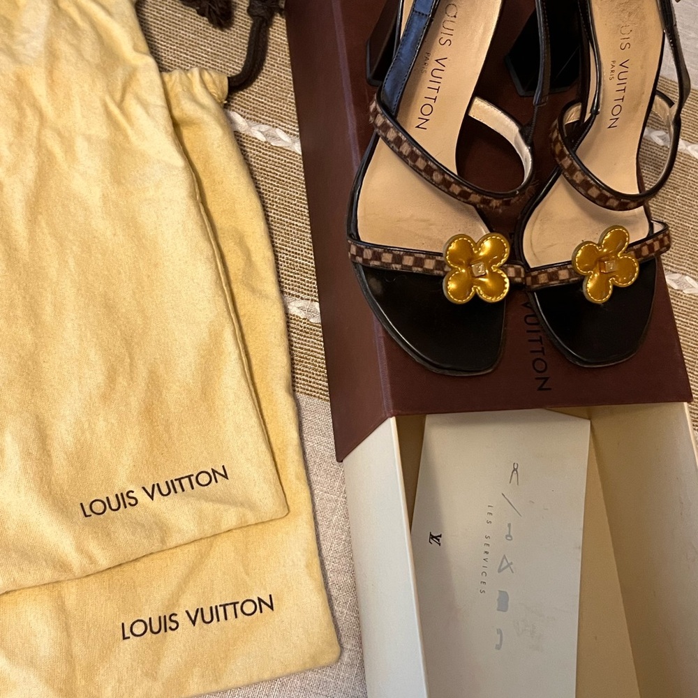 Louis Vuitton Floral Damier Ebene Calf Hair & Leather Heels